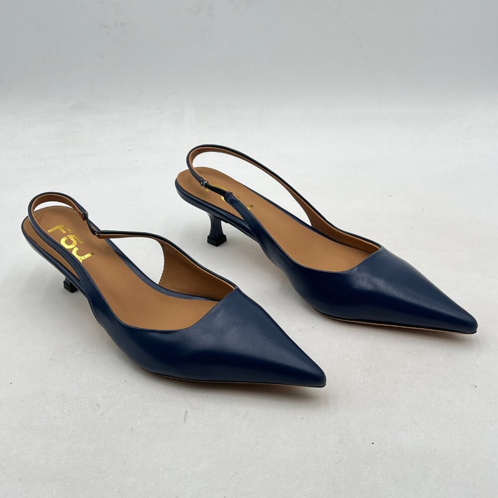FSJ Navy Blue Slingback Kitten Heel Sandals